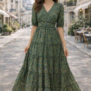 Vintage Floral Garden Cottagecore Flowy Boho Maxi Dress